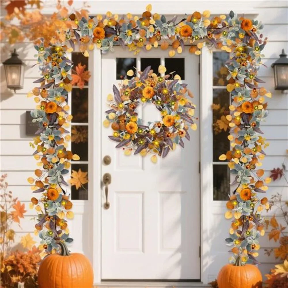 Fall Garland with Lights, 6FT Fall Leaves Garlands, Artificial Eucalyptus